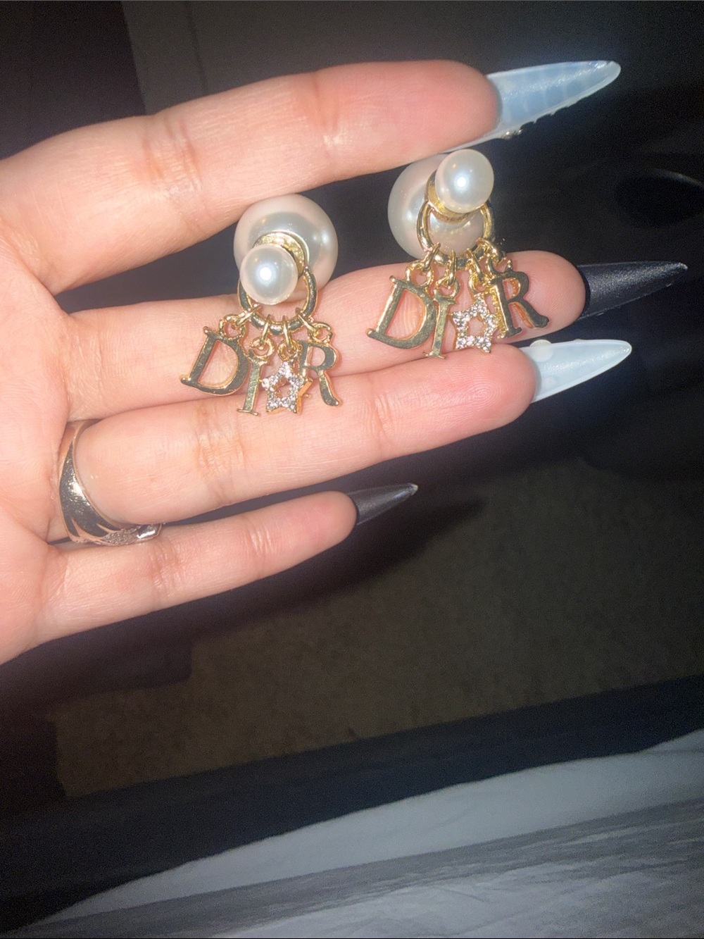 Dior Gold & Pearl Drop Logo Earrings - White Pearls